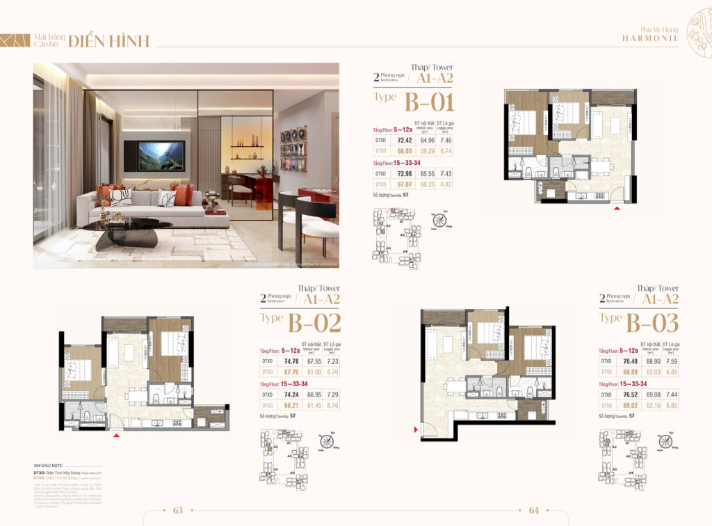 Mặt bằng 2PN tại Tháp A1 - A2