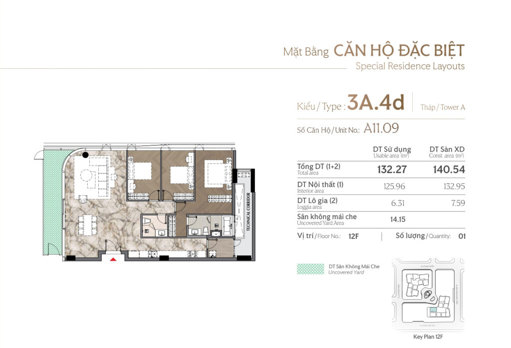 Căn hộ đặc biệt 3 Phòng ngủ có sân vườn 140m2, A11.09, SL 1 căn