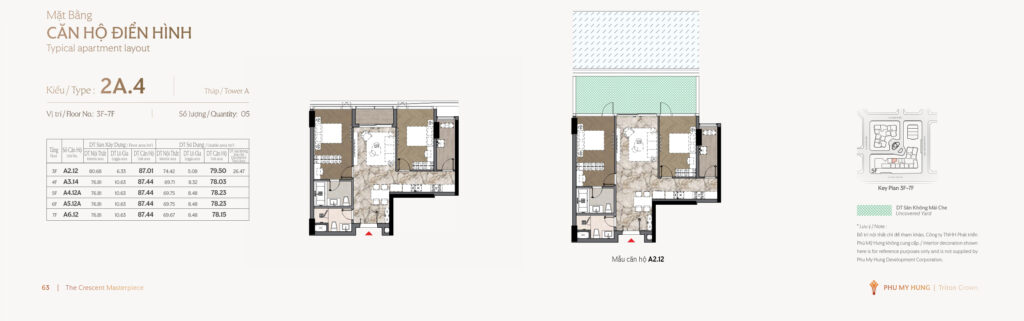 Căn hộ điển hình 2 Phòng ngủ 87m2 (Tầng 3 ~ Tầng 7), Căn A2.12 có 26m2 sân vườn