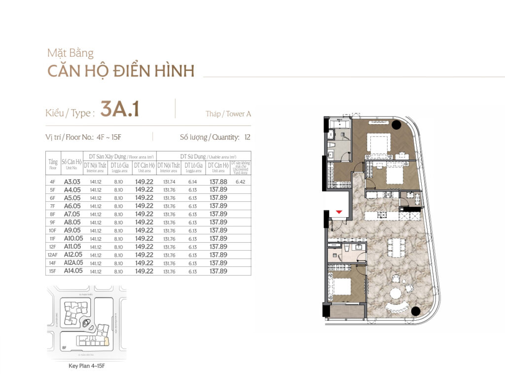 Căn hộ điển hình 3 Phòng ngủ 149m2 (Tầng 4 ~ Tầng 15)