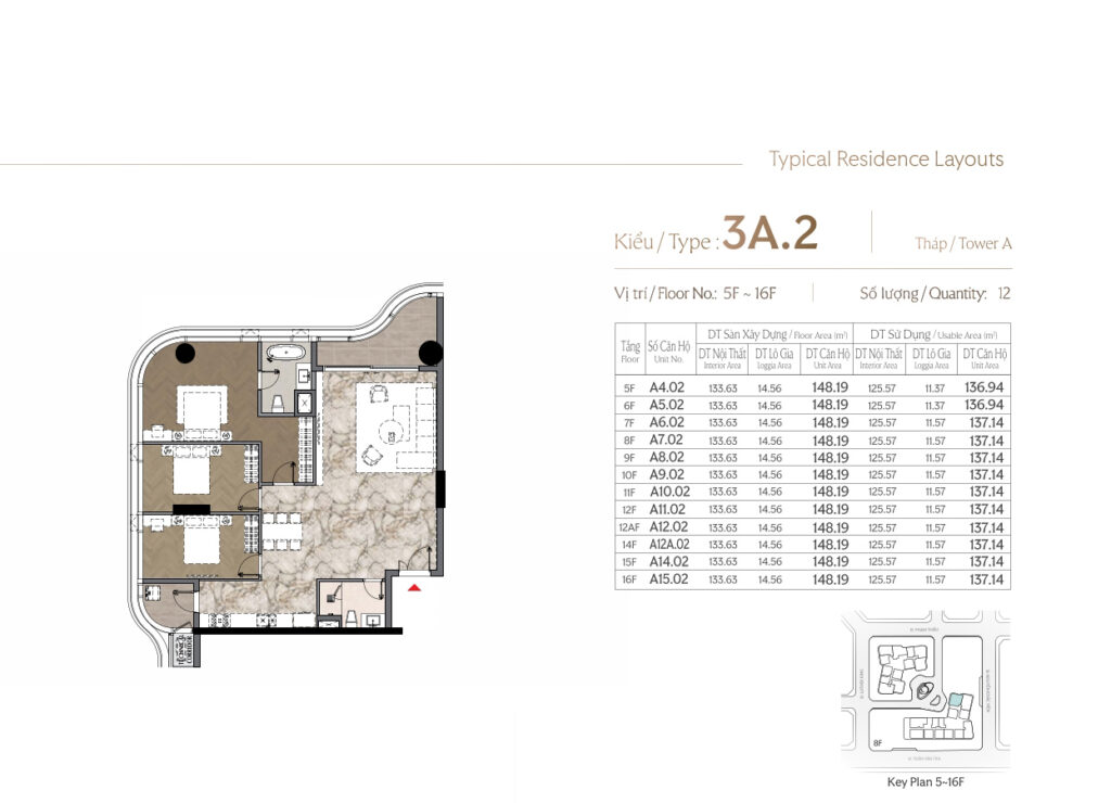 Căn hộ điển hình 3 Phòng ngủ 148m2 (Tầng 5 ~ Tầng 16)