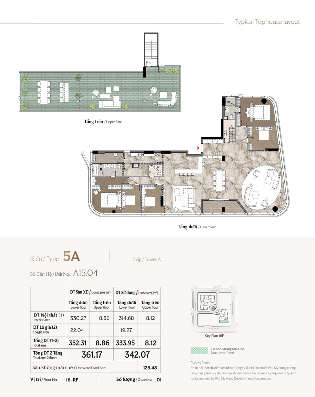 Penthouse Triton Crown 4 Phòng ngủ, 2 tầng, có sân vườn 361m2, A15.04, SL 1 căn