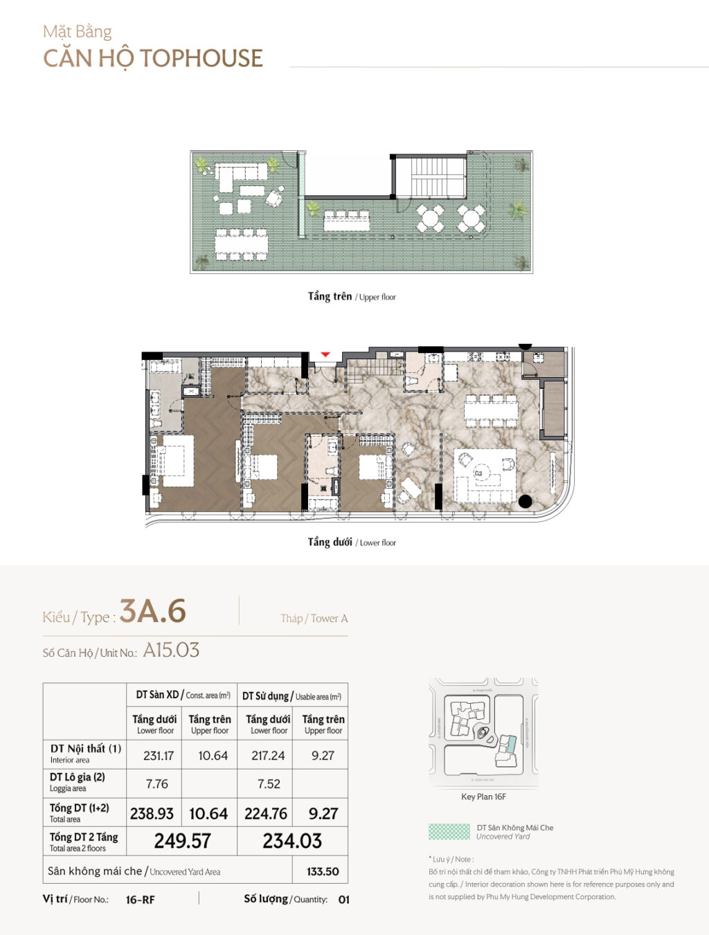 Penthouse Triton Crown 3 Phòng ngủ có sân vườn 249m2, A15.03, SL 1 căn